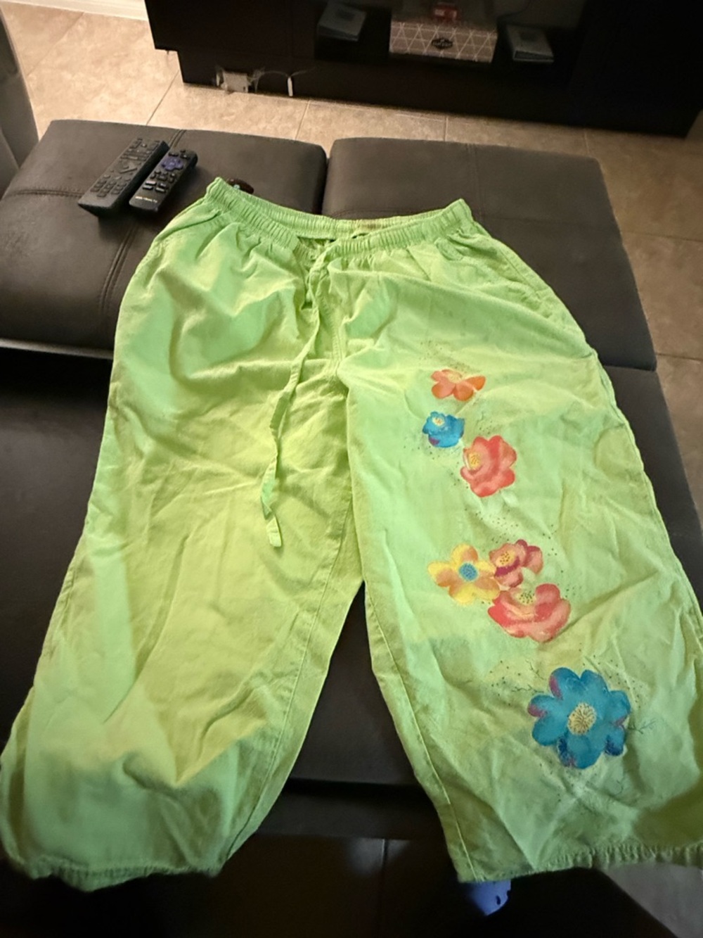Erika Lime Green Capri Pants with Colorful Floral Appliqués